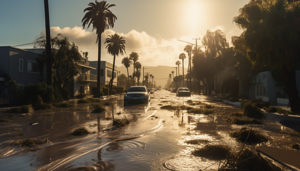An image of a flooded Southern California residential street