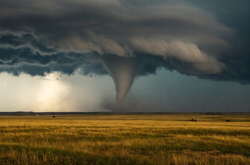 A tornado on the horizon with a golden grassy field in the foreground.